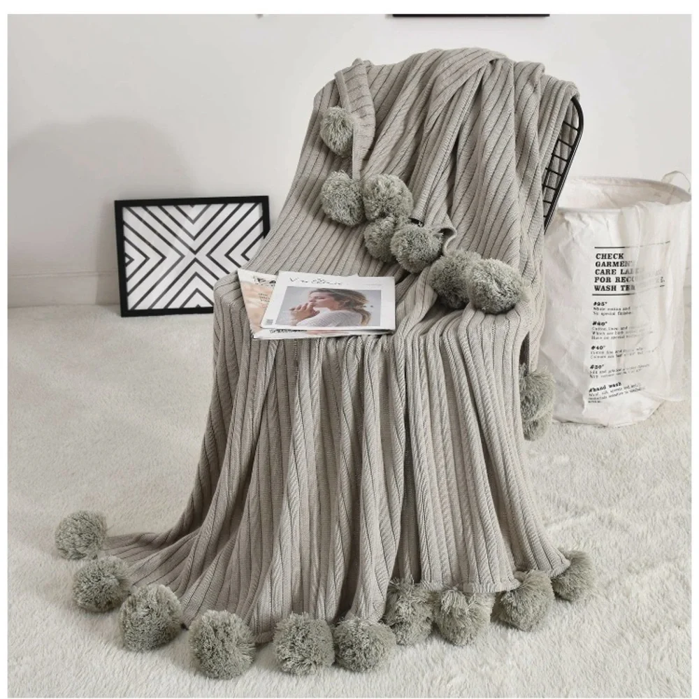 Trendy Dark Grey Pompom Fringe Chic Cozy Soft Throw Blanket/Cover Dorm/Bedroom